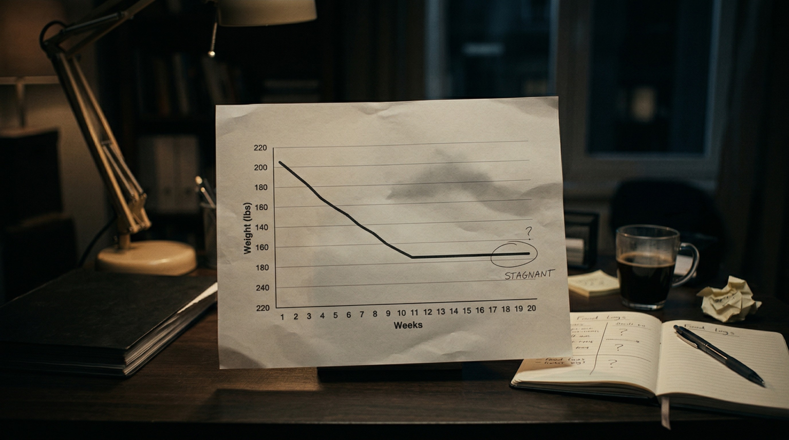 dark cinematic scene showing a flat weight loss graph (plateau)