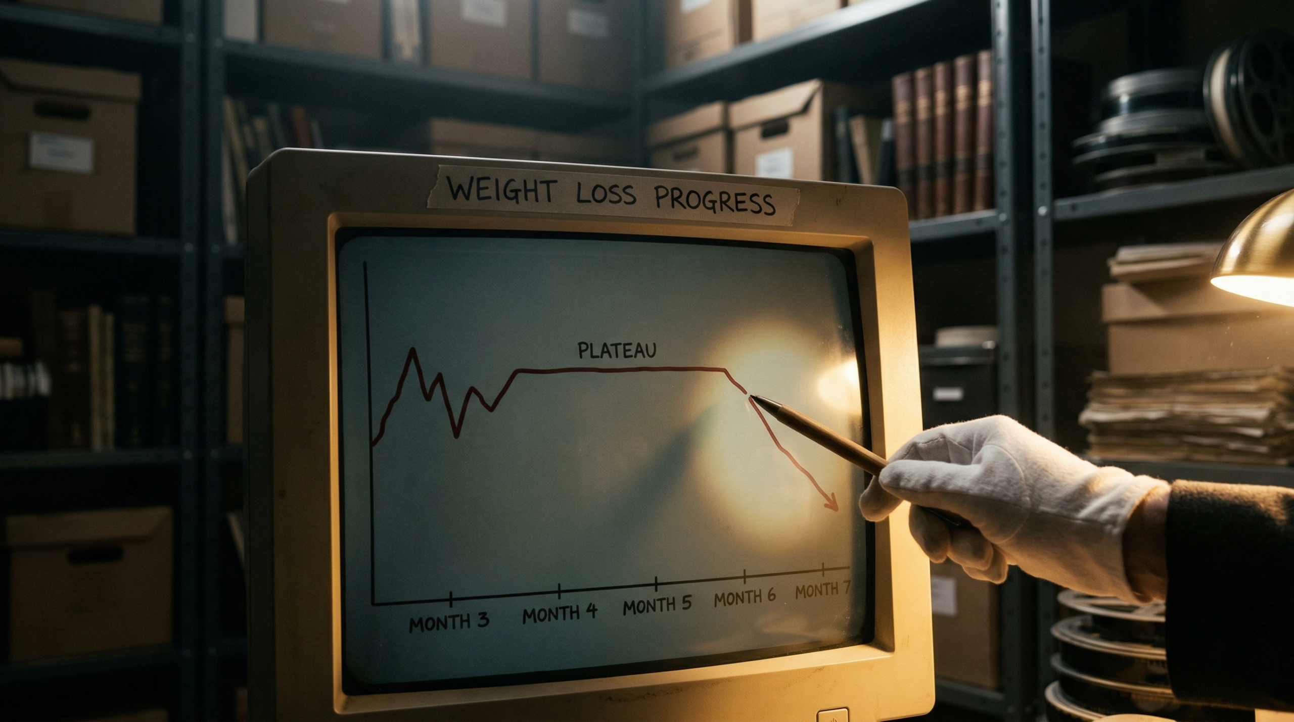 dark cinematic scene showing a weight loss graph starting to rise again.