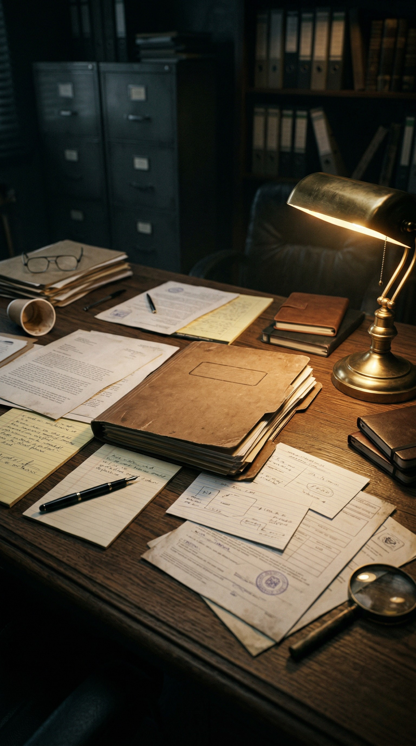 photorealistic cinematic scene of an investigative desk, wooden table with documents